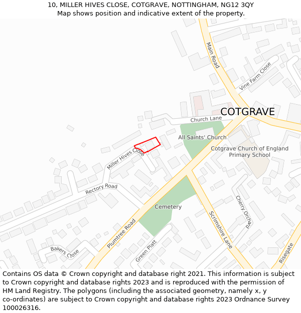 10, MILLER HIVES CLOSE, COTGRAVE, NOTTINGHAM, NG12 3QY: Location map and indicative extent of plot