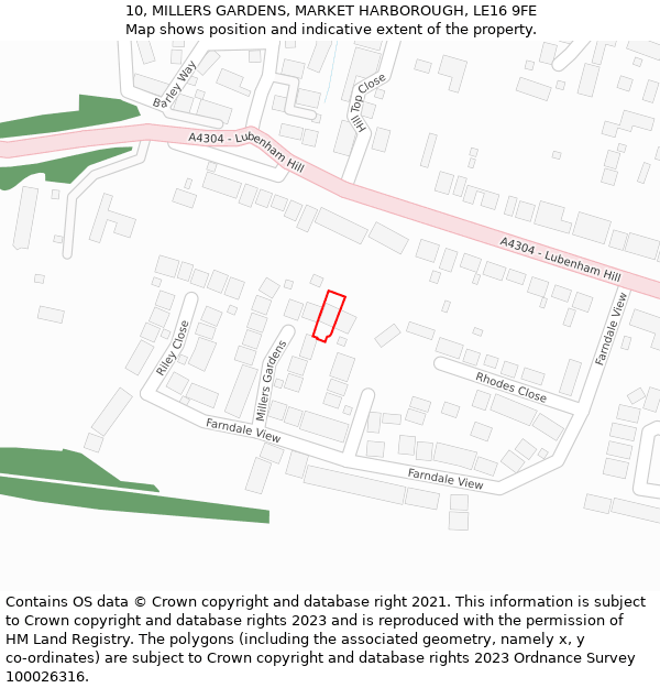 10, MILLERS GARDENS, MARKET HARBOROUGH, LE16 9FE: Location map and indicative extent of plot