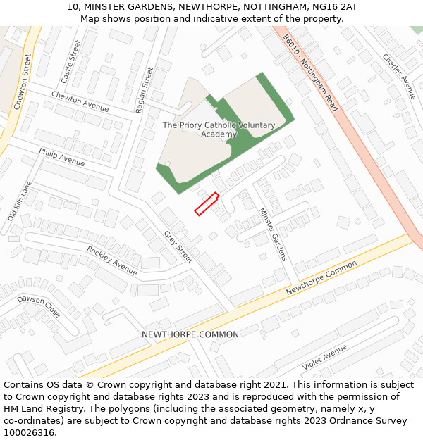 10, MINSTER GARDENS, NEWTHORPE, NOTTINGHAM, NG16 2AT: Location map and indicative extent of plot