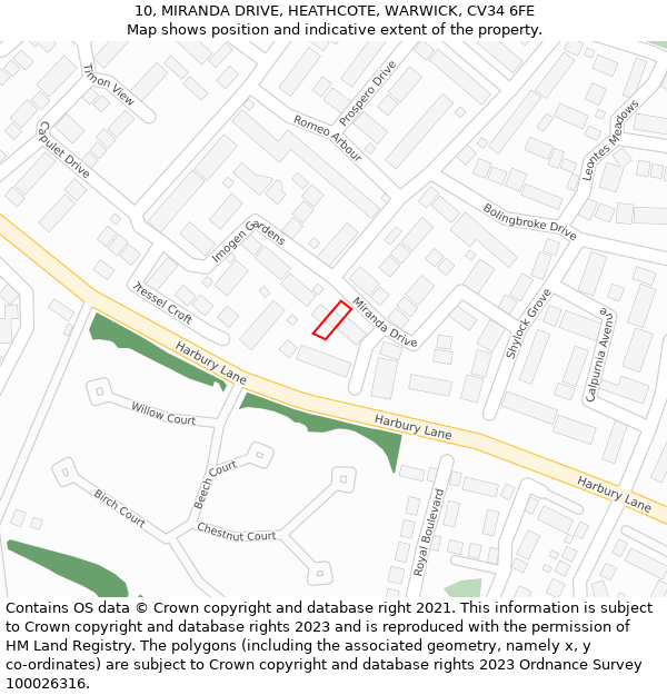 10, MIRANDA DRIVE, HEATHCOTE, WARWICK, CV34 6FE: Location map and indicative extent of plot