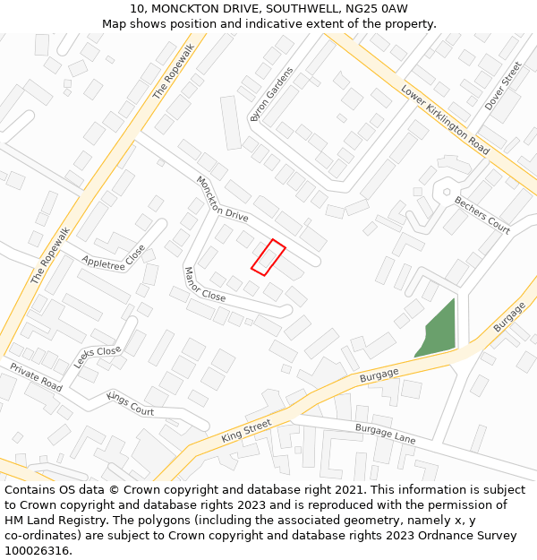 10, MONCKTON DRIVE, SOUTHWELL, NG25 0AW: Location map and indicative extent of plot