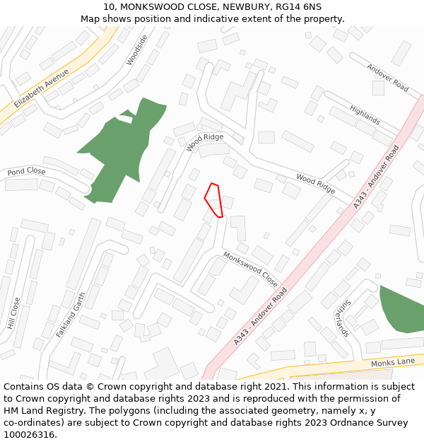 10, MONKSWOOD CLOSE, NEWBURY, RG14 6NS: Location map and indicative extent of plot
