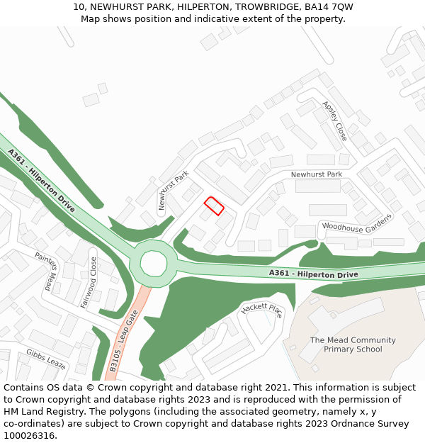 10, NEWHURST PARK, HILPERTON, TROWBRIDGE, BA14 7QW: Location map and indicative extent of plot