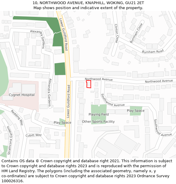 10, NORTHWOOD AVENUE, KNAPHILL, WOKING, GU21 2ET: Location map and indicative extent of plot