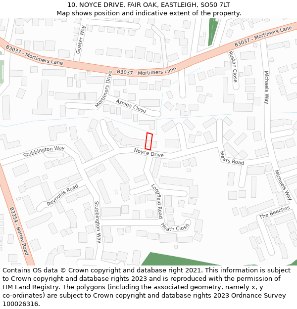 10, NOYCE DRIVE, FAIR OAK, EASTLEIGH, SO50 7LT: Location map and indicative extent of plot