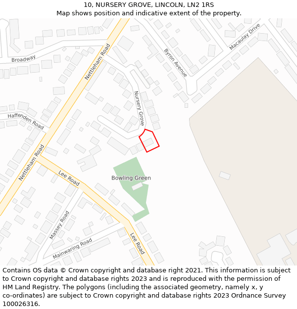 10, NURSERY GROVE, LINCOLN, LN2 1RS: Location map and indicative extent of plot