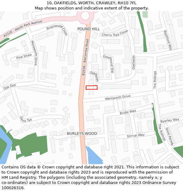 10, OAKFIELDS, WORTH, CRAWLEY, RH10 7FL: Location map and indicative extent of plot