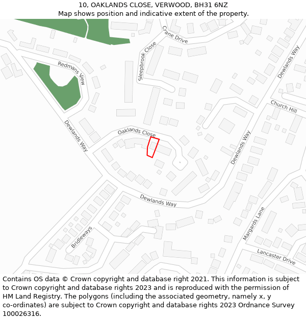 10, OAKLANDS CLOSE, VERWOOD, BH31 6NZ: Location map and indicative extent of plot