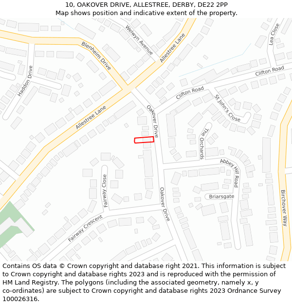 10, OAKOVER DRIVE, ALLESTREE, DERBY, DE22 2PP: Location map and indicative extent of plot