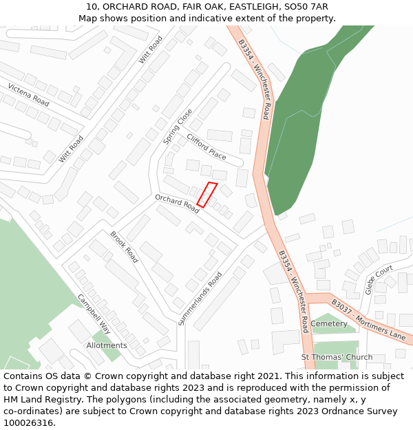 10, ORCHARD ROAD, FAIR OAK, EASTLEIGH, SO50 7AR: Location map and indicative extent of plot