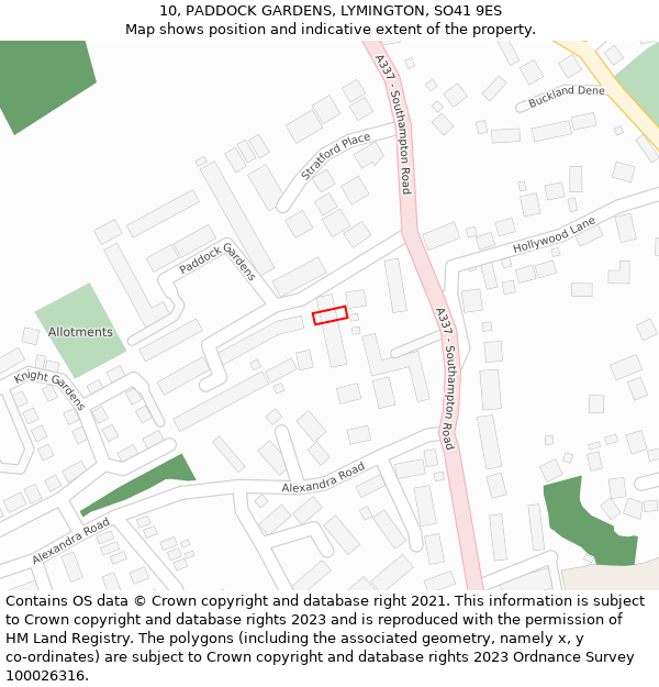 10, PADDOCK GARDENS, LYMINGTON, SO41 9ES: Location map and indicative extent of plot