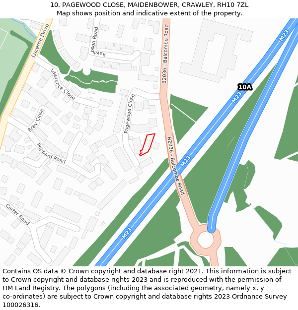 10, PAGEWOOD CLOSE, MAIDENBOWER, CRAWLEY, RH10 7ZL: Location map and indicative extent of plot