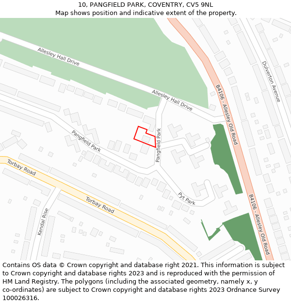 10, PANGFIELD PARK, COVENTRY, CV5 9NL: Location map and indicative extent of plot