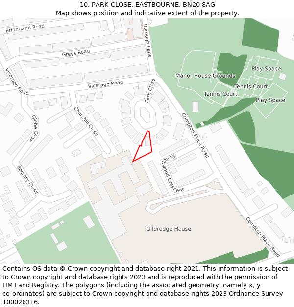 10, PARK CLOSE, EASTBOURNE, BN20 8AG: Location map and indicative extent of plot