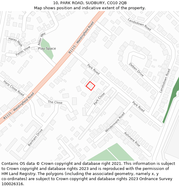 10, PARK ROAD, SUDBURY, CO10 2QB: Location map and indicative extent of plot