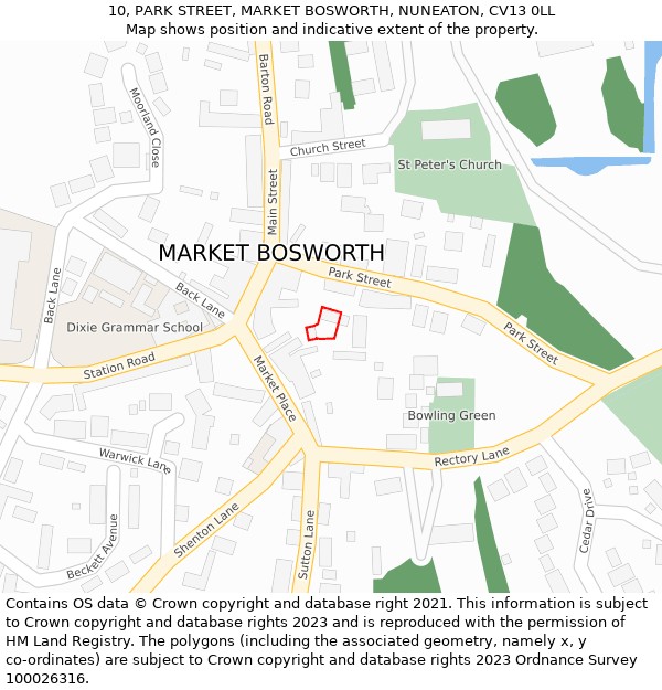 10, PARK STREET, MARKET BOSWORTH, NUNEATON, CV13 0LL: Location map and indicative extent of plot