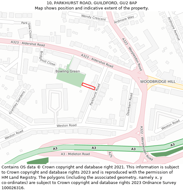 10, PARKHURST ROAD, GUILDFORD, GU2 8AP: Location map and indicative extent of plot