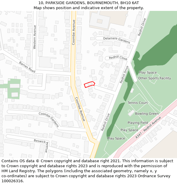 10, PARKSIDE GARDENS, BOURNEMOUTH, BH10 6AT: Location map and indicative extent of plot