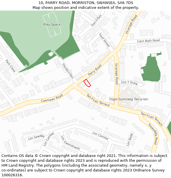 10, PARRY ROAD, MORRISTON, SWANSEA, SA6 7DS: Location map and indicative extent of plot