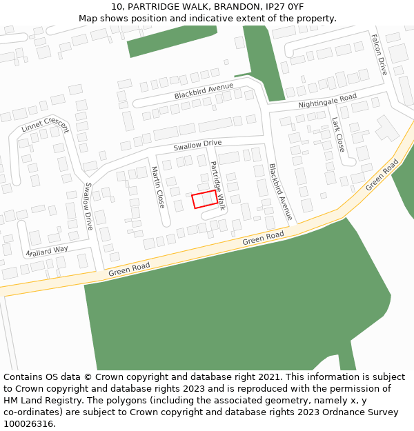 10, PARTRIDGE WALK, BRANDON, IP27 0YF: Location map and indicative extent of plot