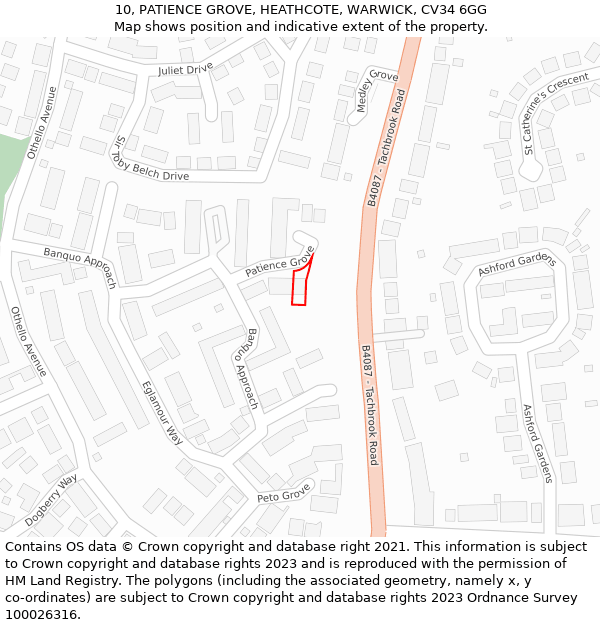10, PATIENCE GROVE, HEATHCOTE, WARWICK, CV34 6GG: Location map and indicative extent of plot