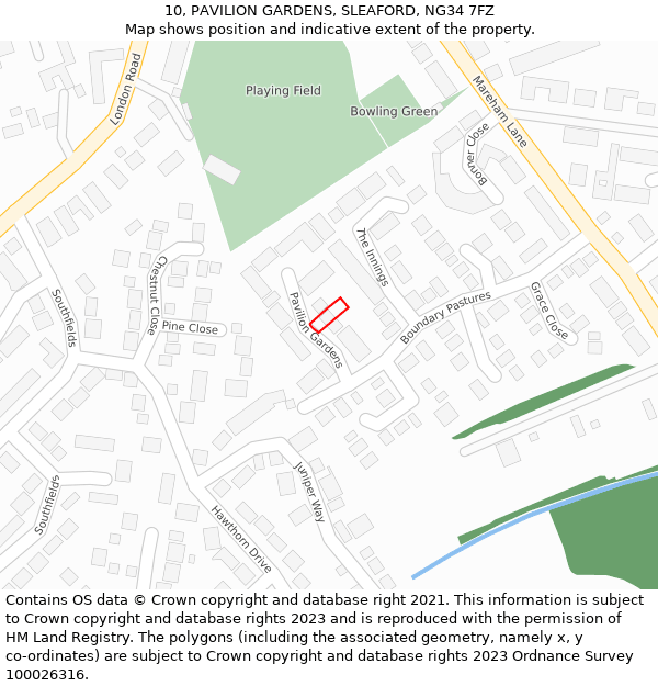 10, PAVILION GARDENS, SLEAFORD, NG34 7FZ: Location map and indicative extent of plot