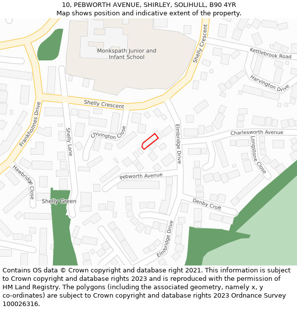 10, PEBWORTH AVENUE, SHIRLEY, SOLIHULL, B90 4YR: Location map and indicative extent of plot