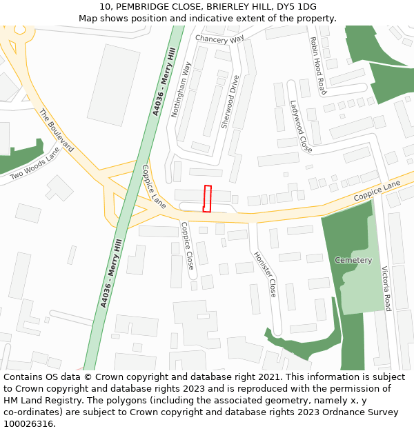 10, PEMBRIDGE CLOSE, BRIERLEY HILL, DY5 1DG: Location map and indicative extent of plot