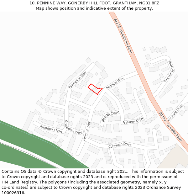 10, PENNINE WAY, GONERBY HILL FOOT, GRANTHAM, NG31 8FZ: Location map and indicative extent of plot