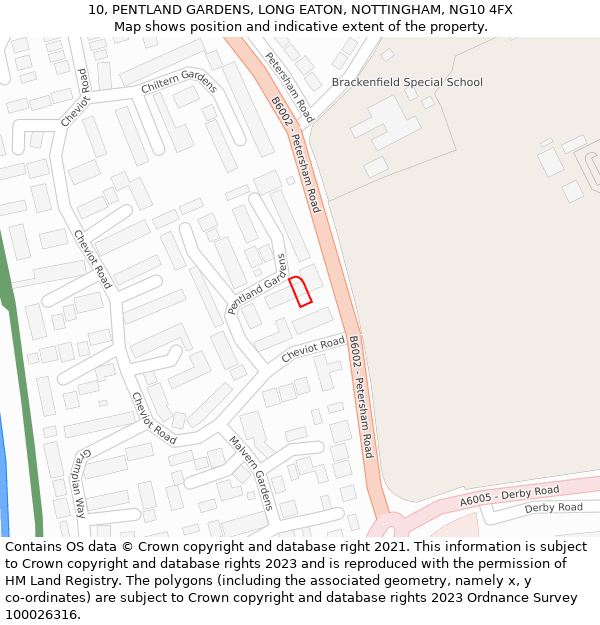 10, PENTLAND GARDENS, LONG EATON, NOTTINGHAM, NG10 4FX: Location map and indicative extent of plot