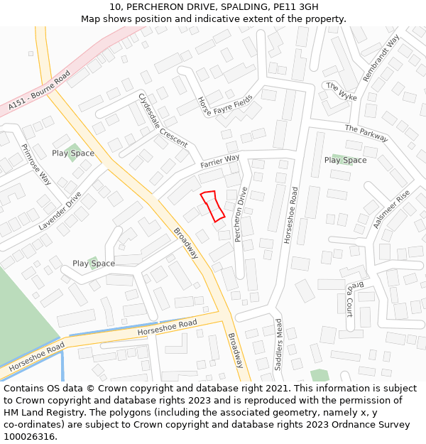 10, PERCHERON DRIVE, SPALDING, PE11 3GH: Location map and indicative extent of plot