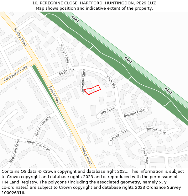 10, PEREGRINE CLOSE, HARTFORD, HUNTINGDON, PE29 1UZ: Location map and indicative extent of plot