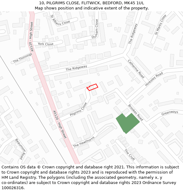 10, PILGRIMS CLOSE, FLITWICK, BEDFORD, MK45 1UL: Location map and indicative extent of plot