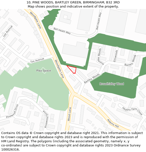10, PINE WOODS, BARTLEY GREEN, BIRMINGHAM, B32 3RD: Location map and indicative extent of plot