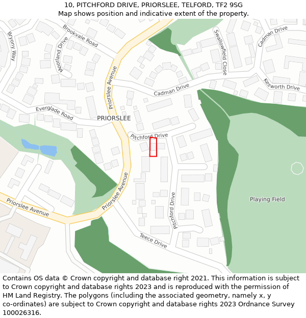 10, PITCHFORD DRIVE, PRIORSLEE, TELFORD, TF2 9SG: Location map and indicative extent of plot