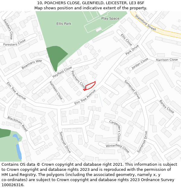 10, POACHERS CLOSE, GLENFIELD, LEICESTER, LE3 8SF: Location map and indicative extent of plot