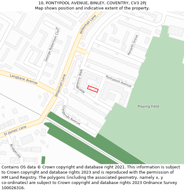 10, PONTYPOOL AVENUE, BINLEY, COVENTRY, CV3 2PJ: Location map and indicative extent of plot