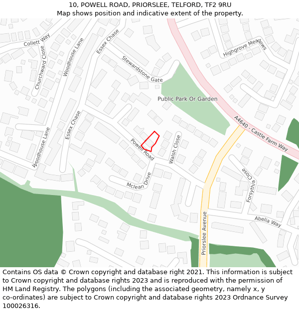 10, POWELL ROAD, PRIORSLEE, TELFORD, TF2 9RU: Location map and indicative extent of plot