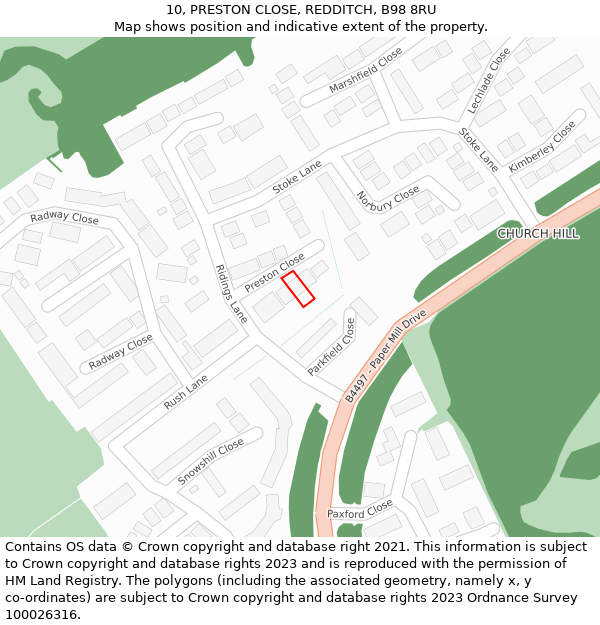10, PRESTON CLOSE, REDDITCH, B98 8RU: Location map and indicative extent of plot