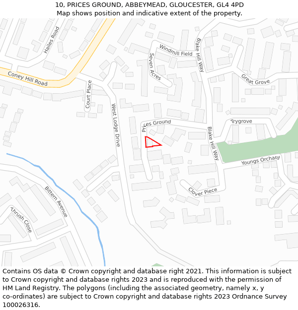 10, PRICES GROUND, ABBEYMEAD, GLOUCESTER, GL4 4PD: Location map and indicative extent of plot