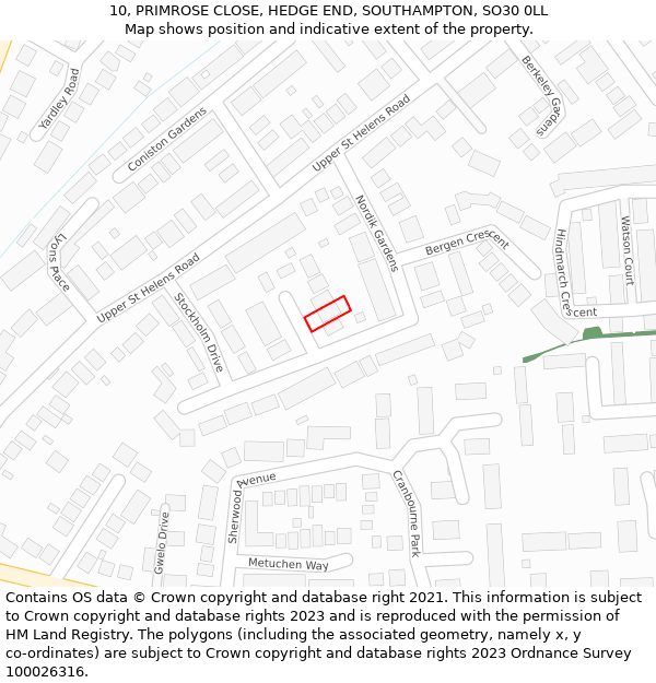 10, PRIMROSE CLOSE, HEDGE END, SOUTHAMPTON, SO30 0LL: Location map and indicative extent of plot