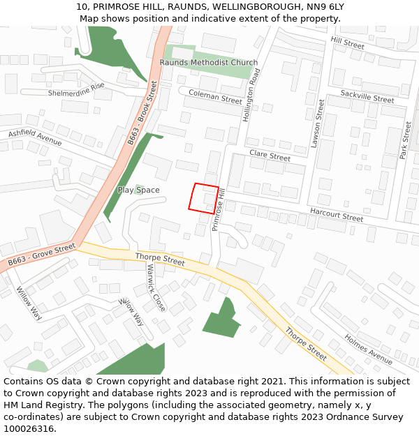 10, PRIMROSE HILL, RAUNDS, WELLINGBOROUGH, NN9 6LY: Location map and indicative extent of plot