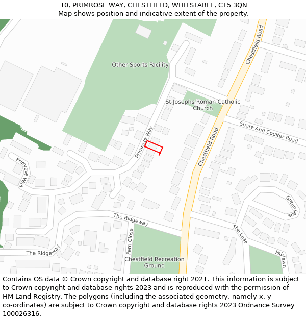 10, PRIMROSE WAY, CHESTFIELD, WHITSTABLE, CT5 3QN: Location map and indicative extent of plot