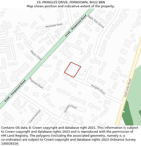 10, PRINGLES DRIVE, FERNDOWN, BH22 8BN: Location map and indicative extent of plot