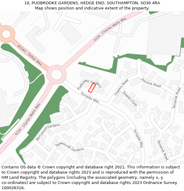 10, PUDBROOKE GARDENS, HEDGE END, SOUTHAMPTON, SO30 4RA: Location map and indicative extent of plot