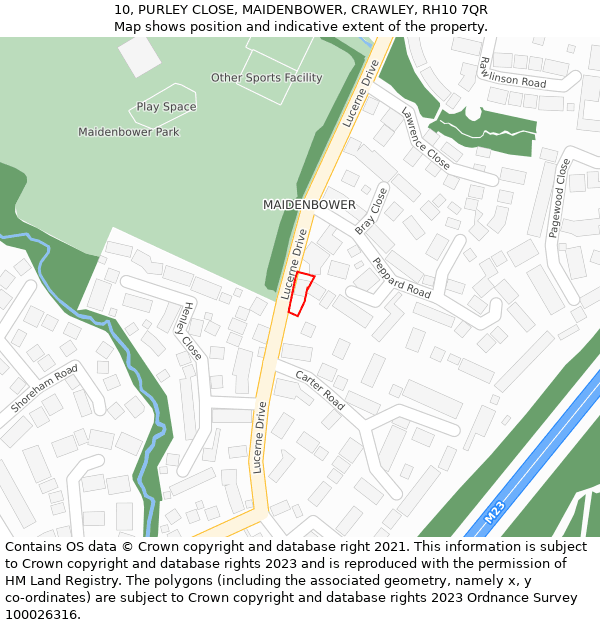 10, PURLEY CLOSE, MAIDENBOWER, CRAWLEY, RH10 7QR: Location map and indicative extent of plot