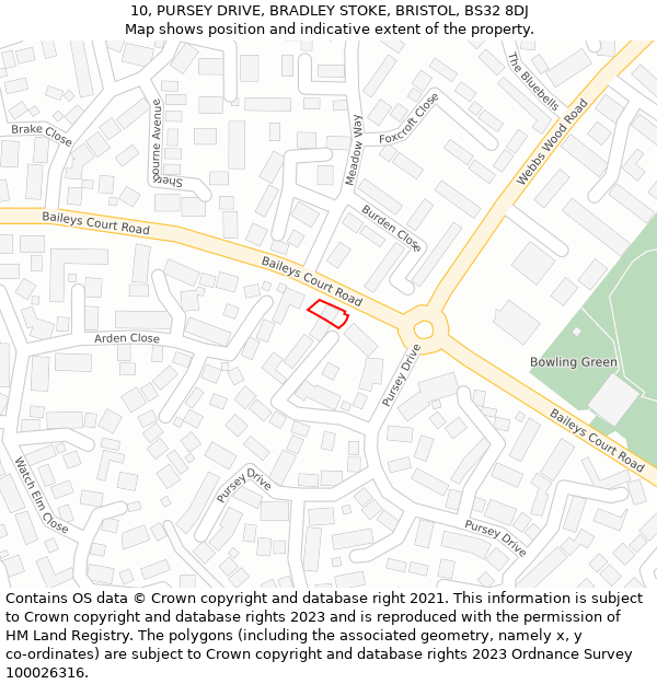 10, PURSEY DRIVE, BRADLEY STOKE, BRISTOL, BS32 8DJ: Location map and indicative extent of plot