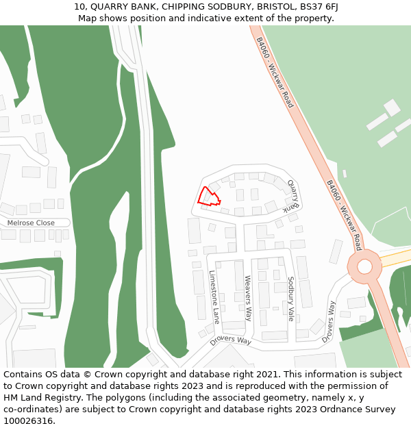 10, QUARRY BANK, CHIPPING SODBURY, BRISTOL, BS37 6FJ: Location map and indicative extent of plot