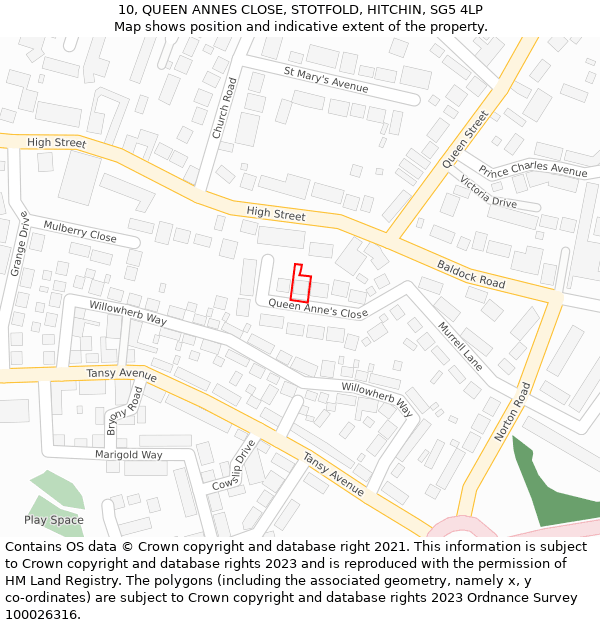 10, QUEEN ANNES CLOSE, STOTFOLD, HITCHIN, SG5 4LP: Location map and indicative extent of plot