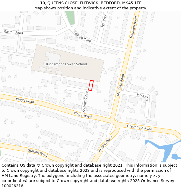 10, QUEENS CLOSE, FLITWICK, BEDFORD, MK45 1EE: Location map and indicative extent of plot